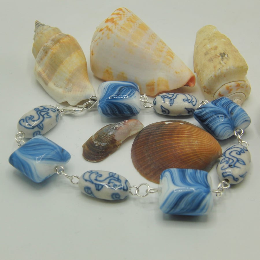 Bracelet with Blue Patterned White Ceramic Beads, Summer Bracelet, Gift for Her
