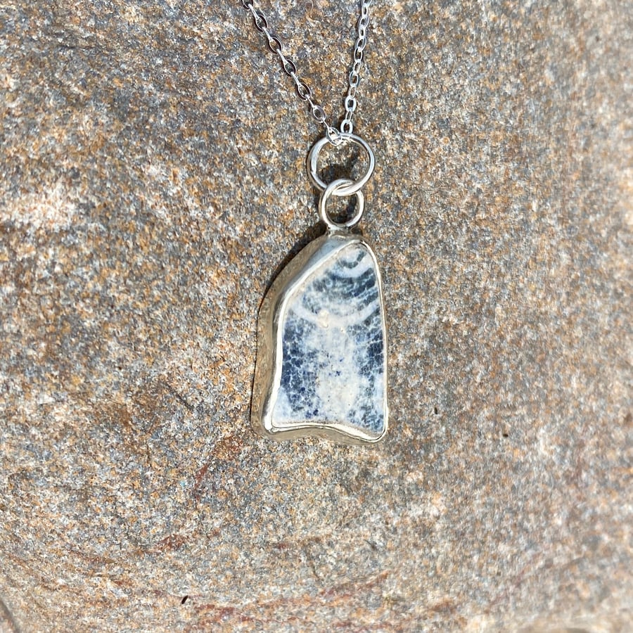 Unique Black & White Pottery and Sterling Silver Pendant - 1318