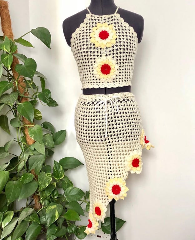 Floral crochet halter top and skirt set. Yellow. Red. Cream. Size 6. Handmade.