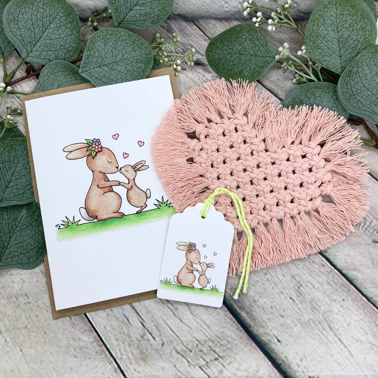Macrame Heart & Card Gift Set - Mother & Baby Bunny - Mug Rug Gift Set 