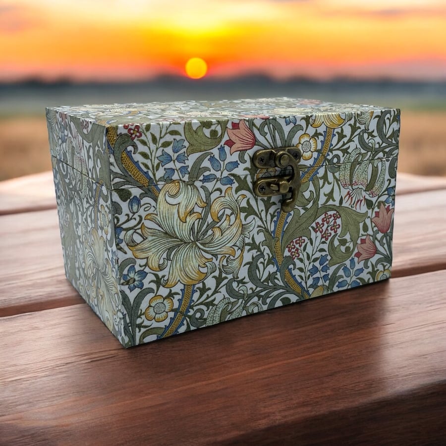 Wooden box decoupaged with William Morris inspired golden lily design