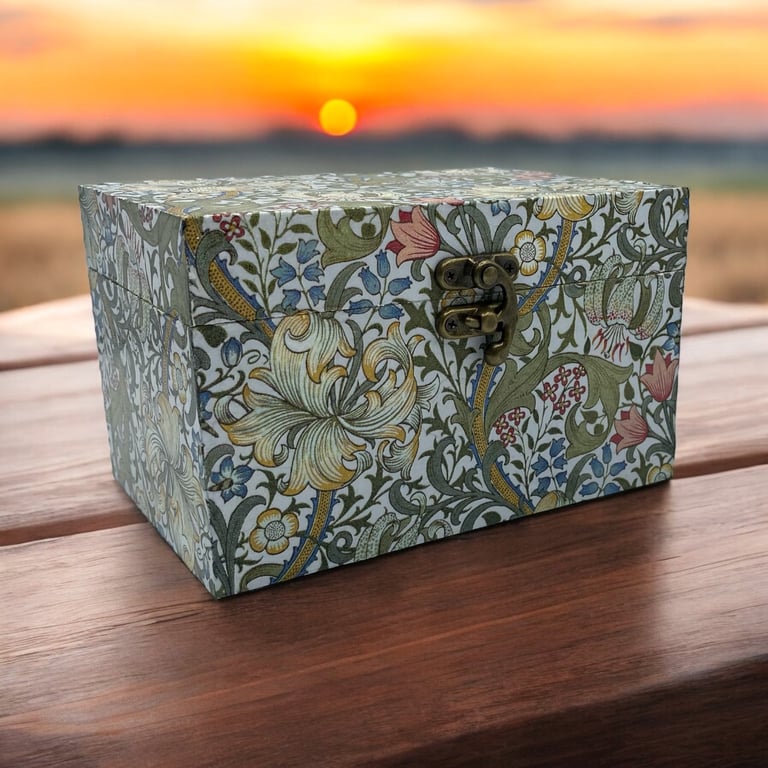 Wooden box decoupaged with William Morris inspired golden lily design