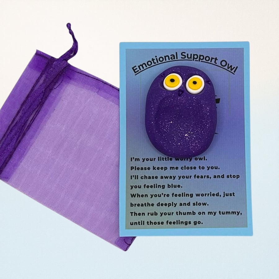 Purple Glitter Worry Stone Owl - Emotional Support Owl Fidget Stone