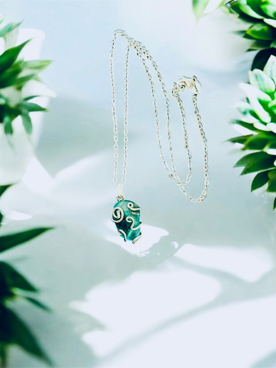 Sterling Silver - 16” Rare Teal Sea Glass Necklace - Southern Coast