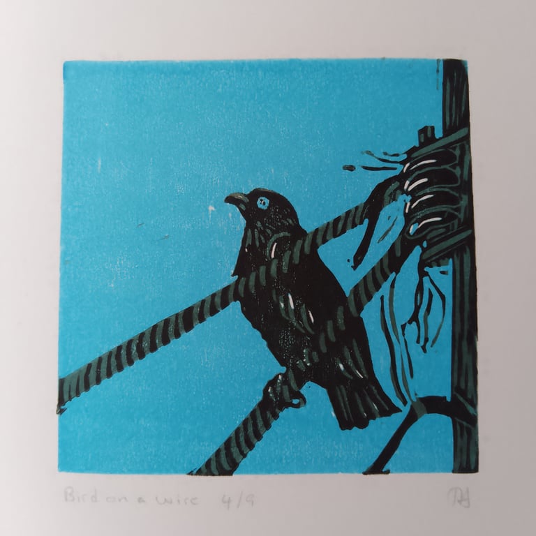 Bird on a wire limited edition linoprint 