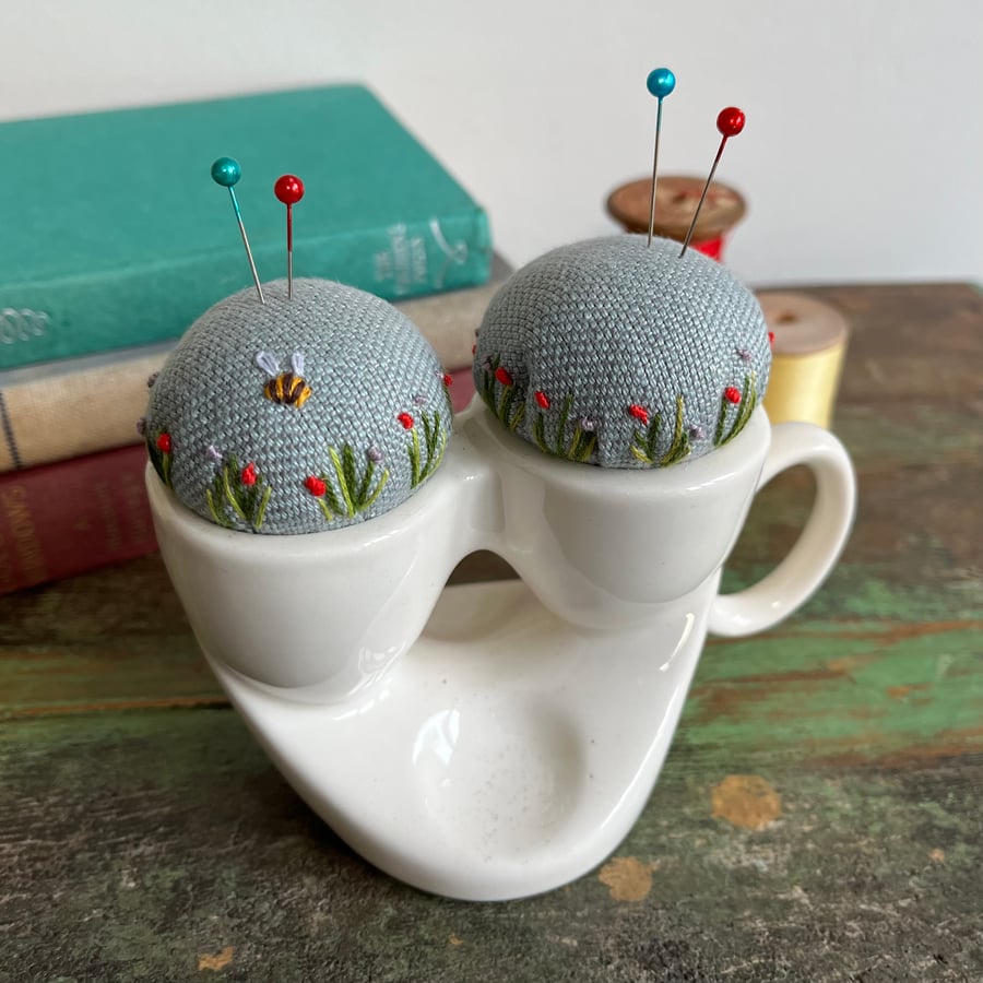 Pin cushion - old white double egg cup - embroidered with bee and flowers