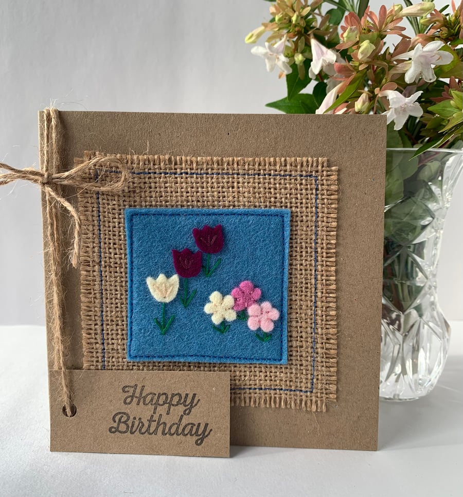 Handmade Birthday card with flowers from wool felt. Keepsake card.