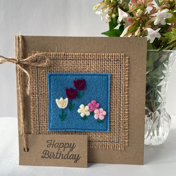 Handmade Birthday card with flowers from wool felt. Keepsake card.
