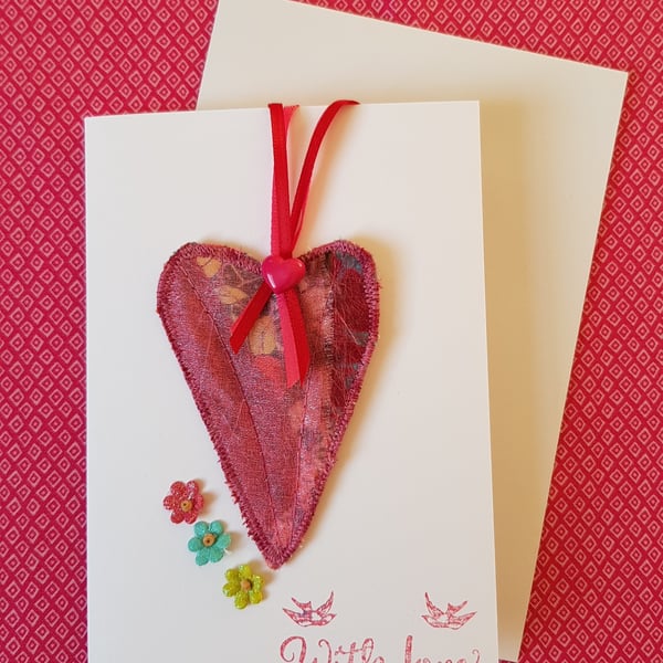 Textile heart decoration in a card: with organza layer