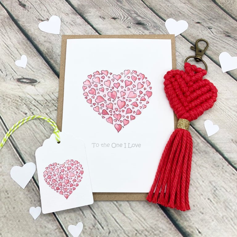 Valentine Macrame Love Heart Keyring & Card Gift Set - Anniversary Gift