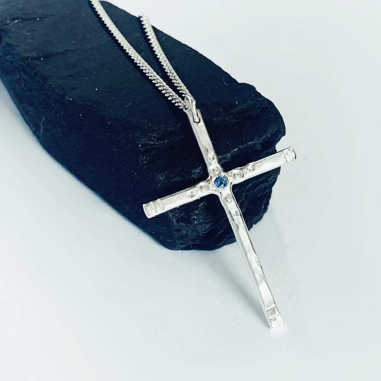 Recycled Sterling Silver Sapphire Cross Pendant 