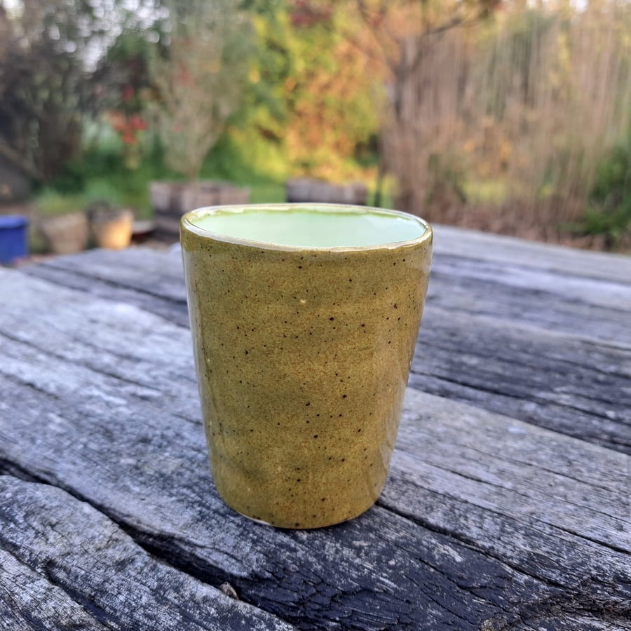 HAND MADE CERAMIC COFFEE TUMBLER BEAKER - GLAZED IN GREENS