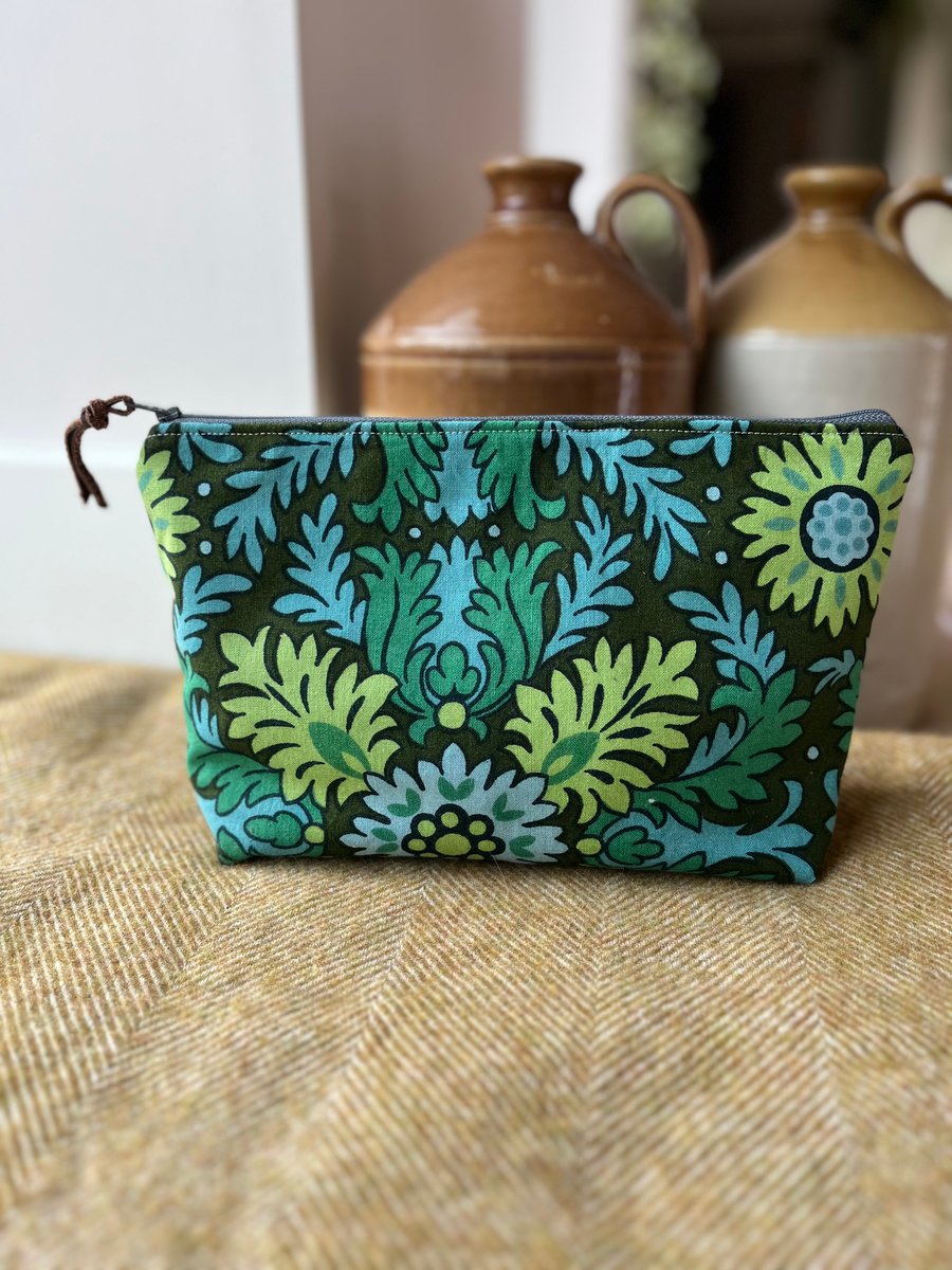Vintage blue and green retro print cotton large zip pouch with cotton lining