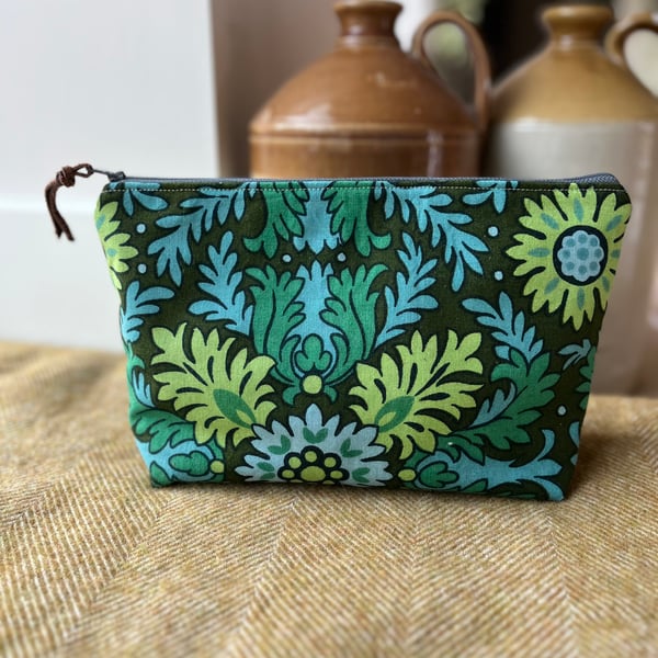 Vintage blue and green retro print cotton large zip pouch with cotton lining