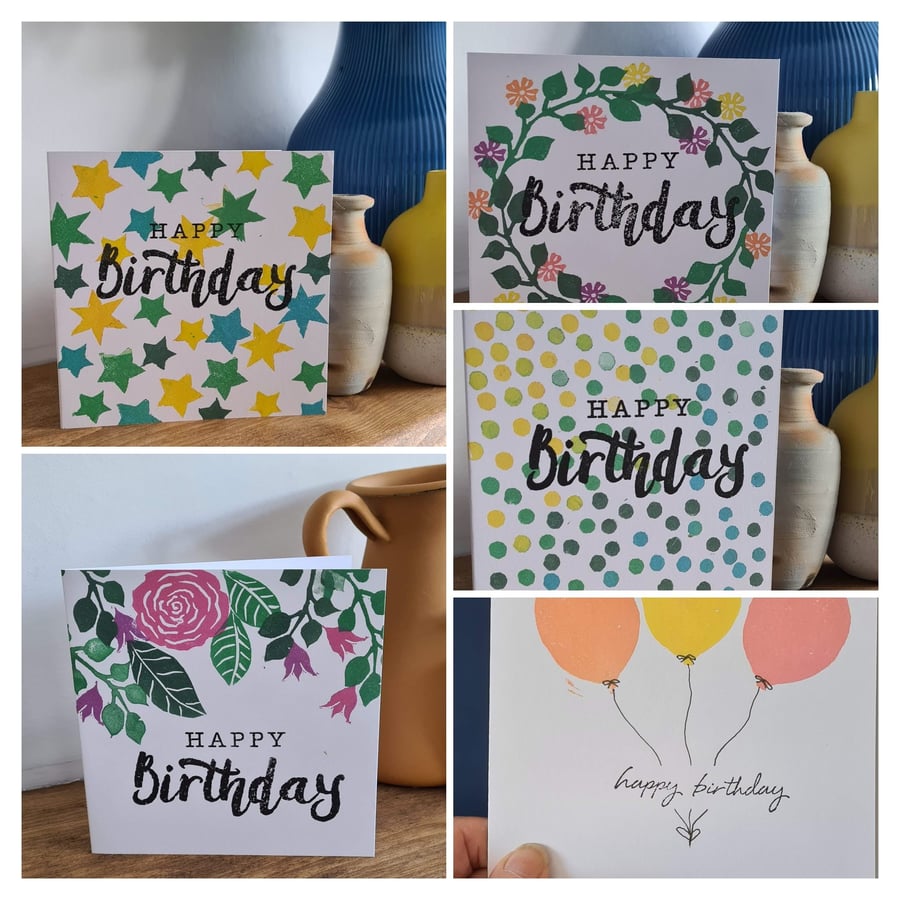 Five birthday cards set handprinted (pack b)