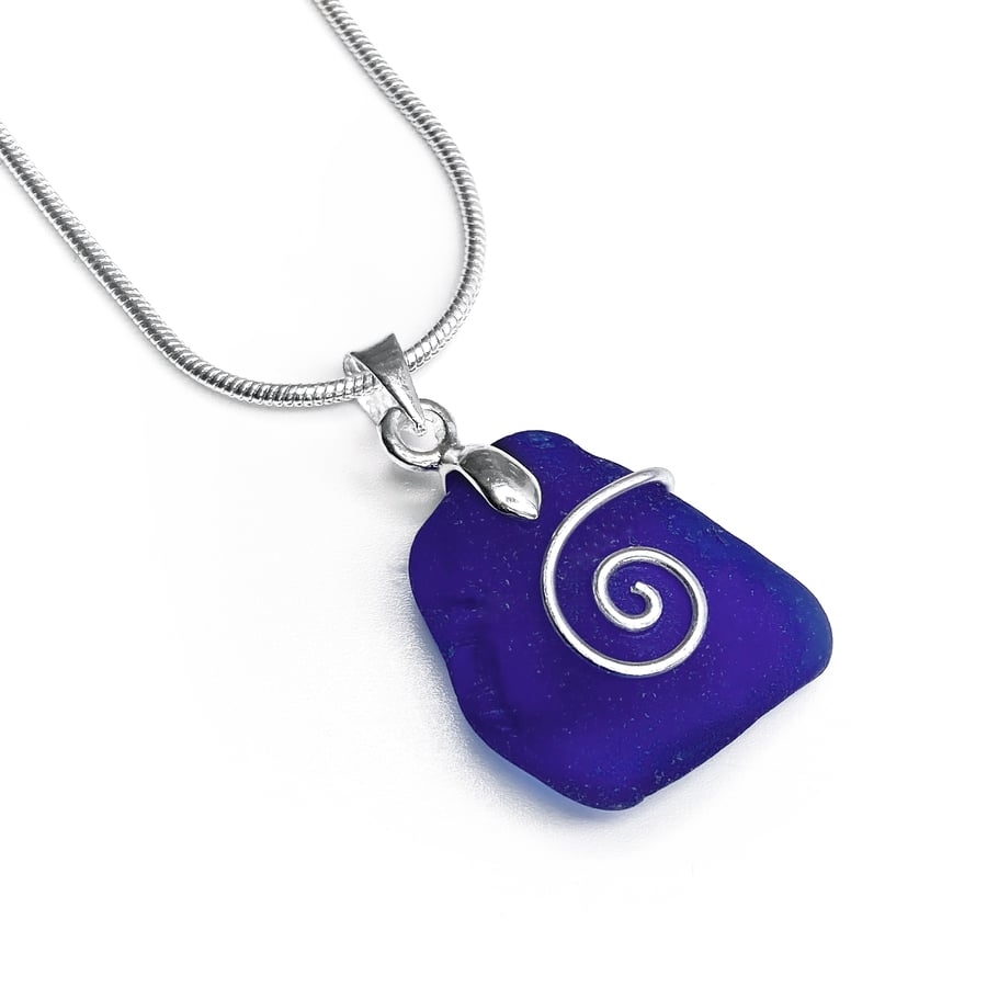 Sea Glass Pendant - Blue Beach Glass, Silver Handmade Celtic Necklace Jewellery