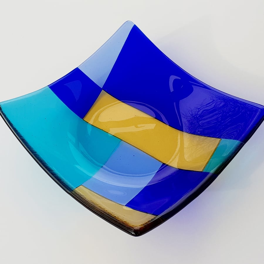 Fused glass square transparent decorative dish, blues and amber, 16cm