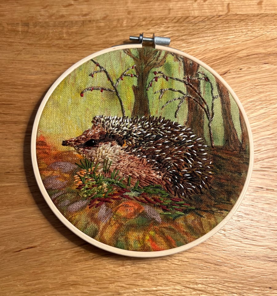Hedgehog hand embroidered hoop art