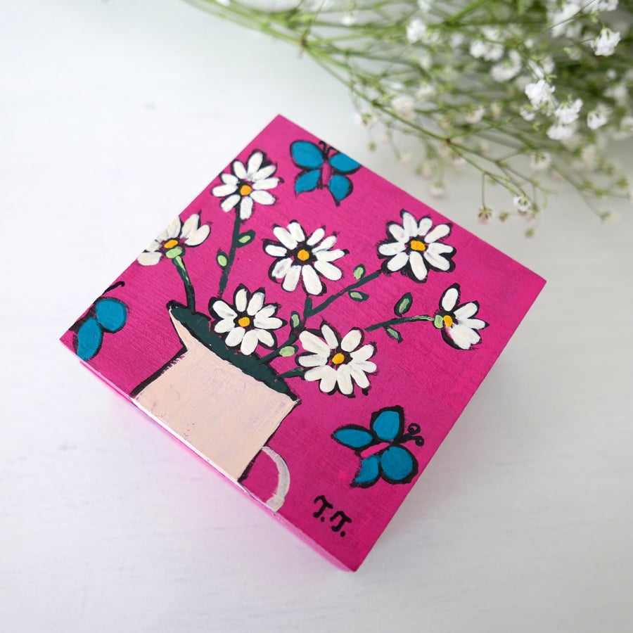 Pink Jewellery Box, Daisy Flowers Painting, Still Life Artwork, Mother Day
