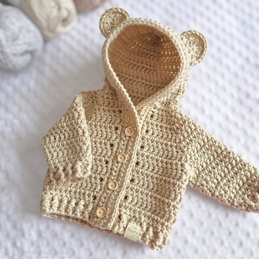 Crochet Teddy Bear Cardigan with Hood and Ears – Newborn to 4 Years
