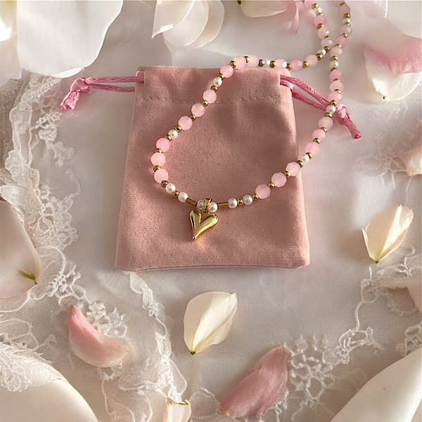 Pink & Pearl Gold Heart Pendant Necklace