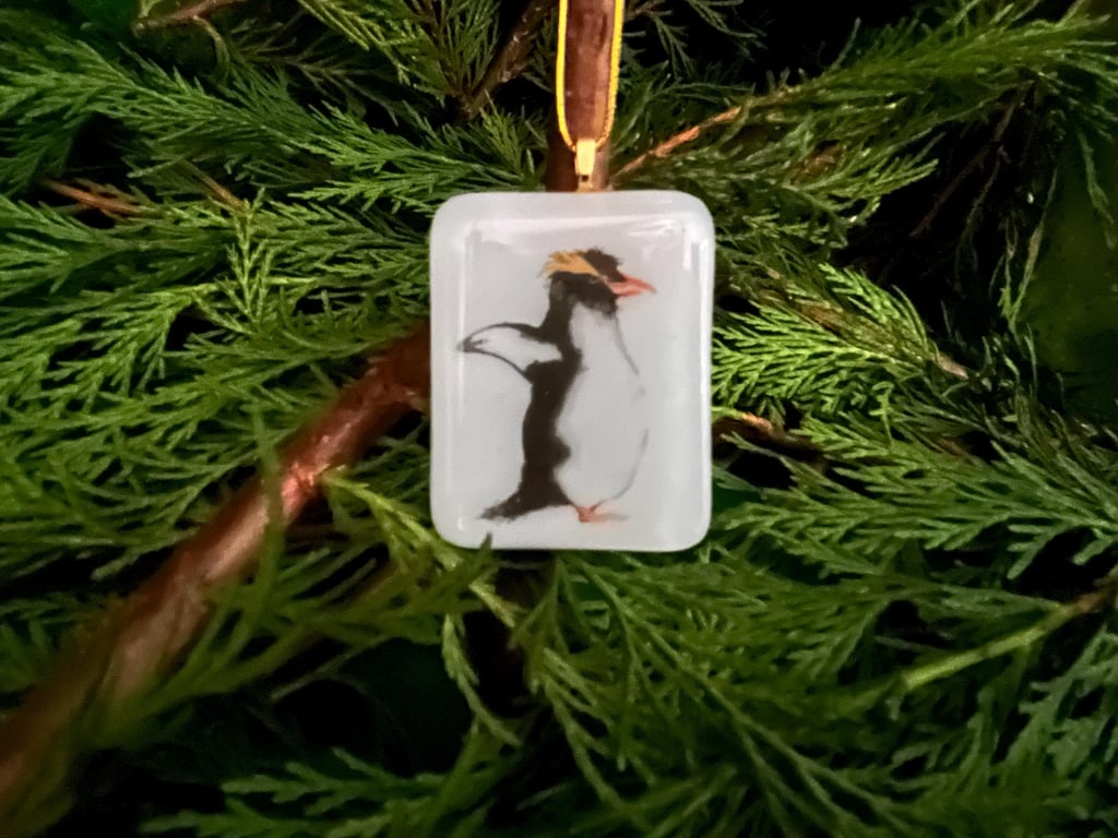 Bespoke  Handcrafted Christmas Card with Artisan Fused Glass Penguin 