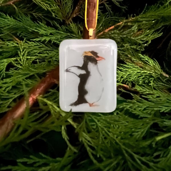 Bespoke  Handcrafted Christmas Card with Artisan Fused Glass Penguin 