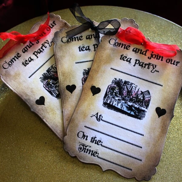 Come And Join Our Tea Party, Alice in Wonderland Vintage Style Invites x 10