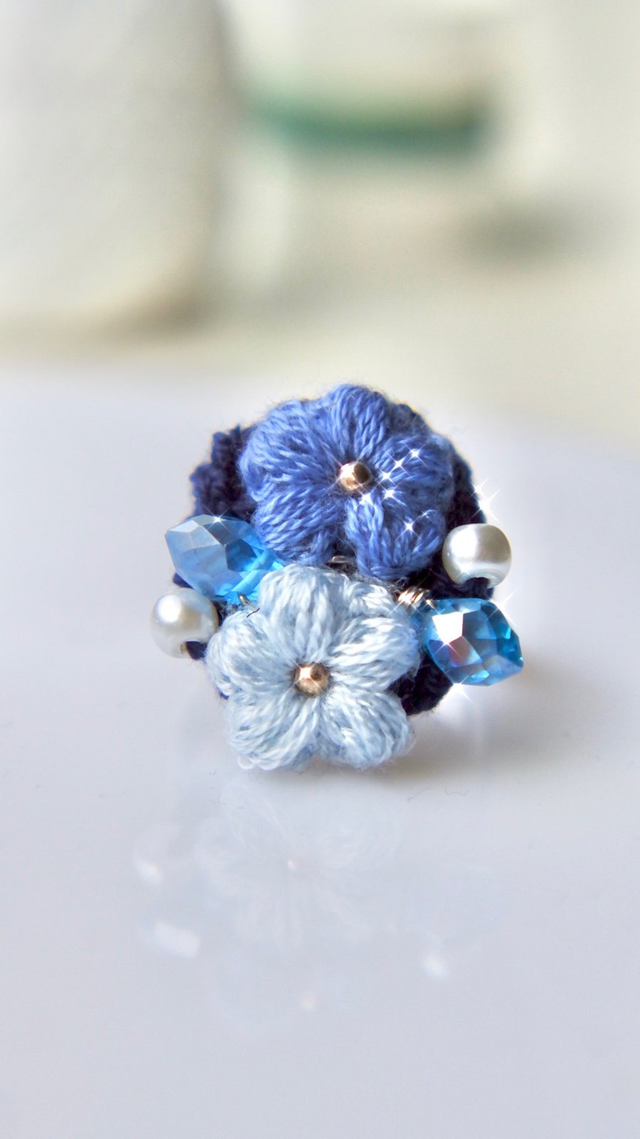 Microcrochet Blue Florals Opening Ring