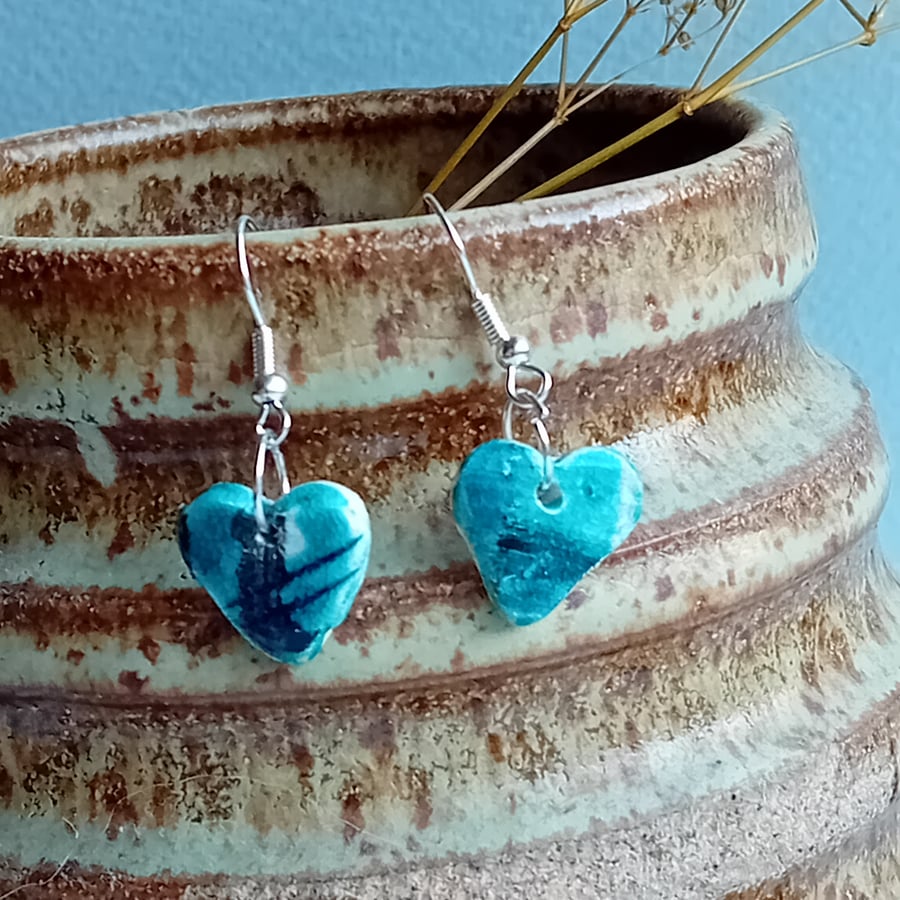 Abstract blue teal rustic heart porcelain clay earrings on silver plated hooks