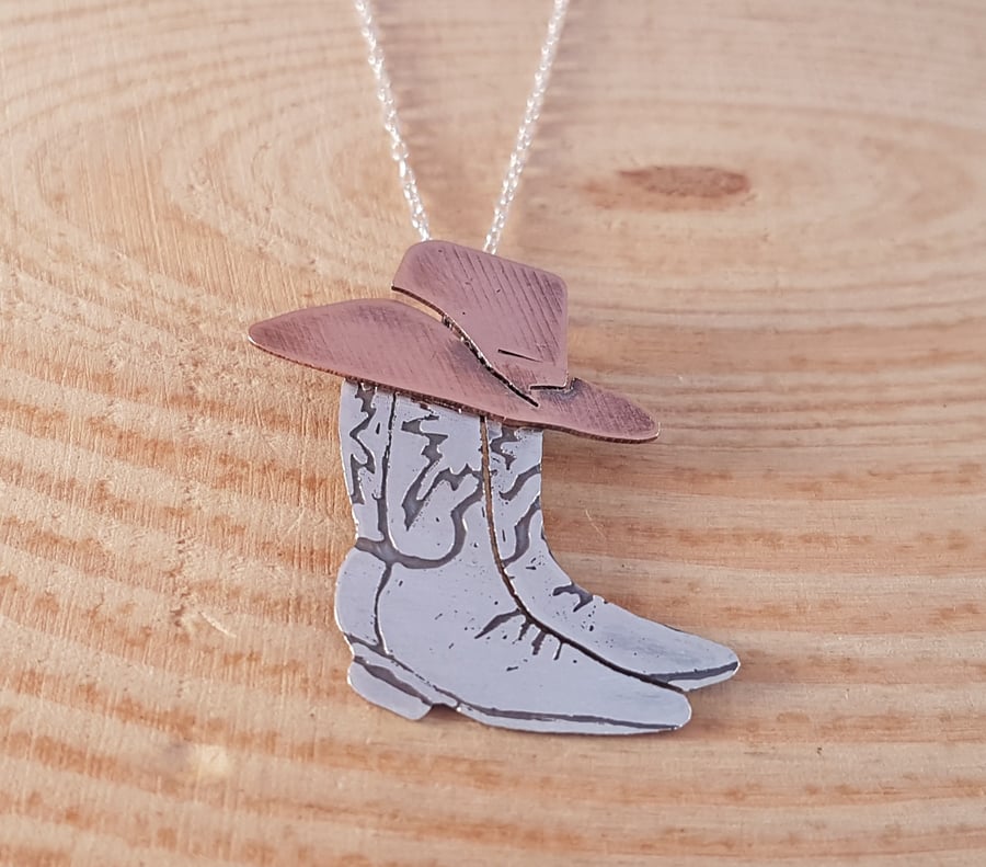 Sterling Silver and Copper Cowboy Boots and Hat Necklace Pendant