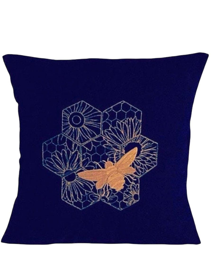 Gold Bee Embroidered Cushion Cover NAVY 12”x12”, Gift Idea