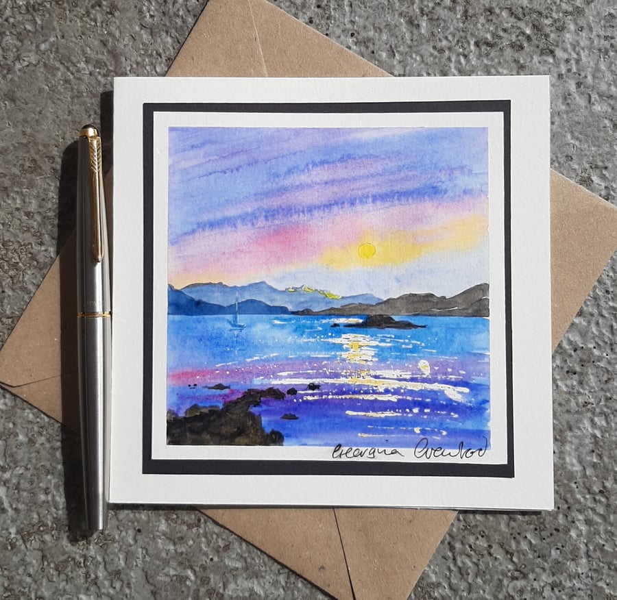 Blank Card. Sunset and Mountains. Handpainted Watercolour.