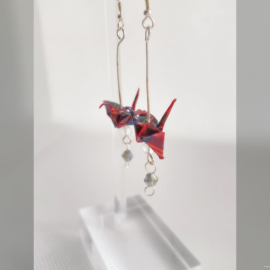 Origami Crane Earrings, Paper Crane Earrings, Paper Bird Earrings, Bead Earring