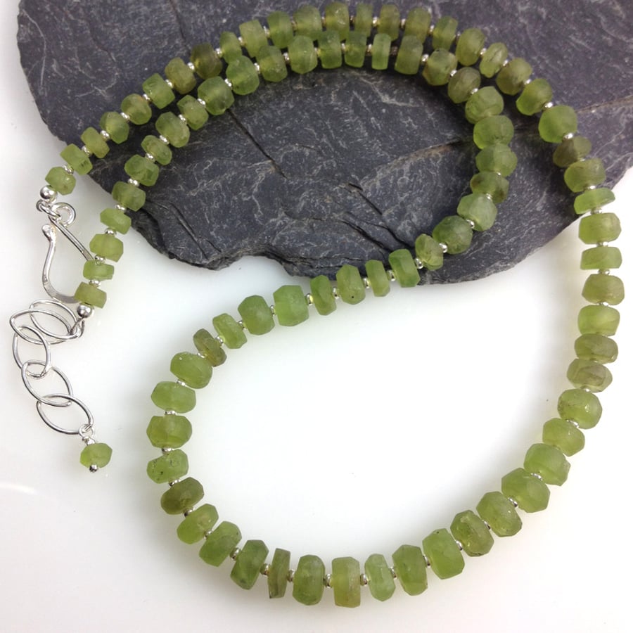 Peridot and silver necklace hand cut frosted beads