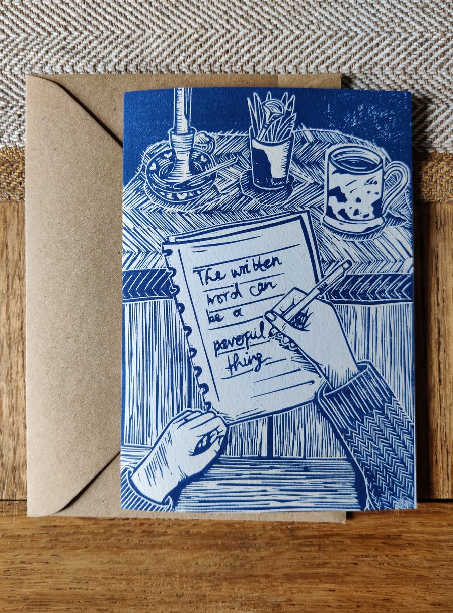 "The written word can be a powerful thing" blank lino print card