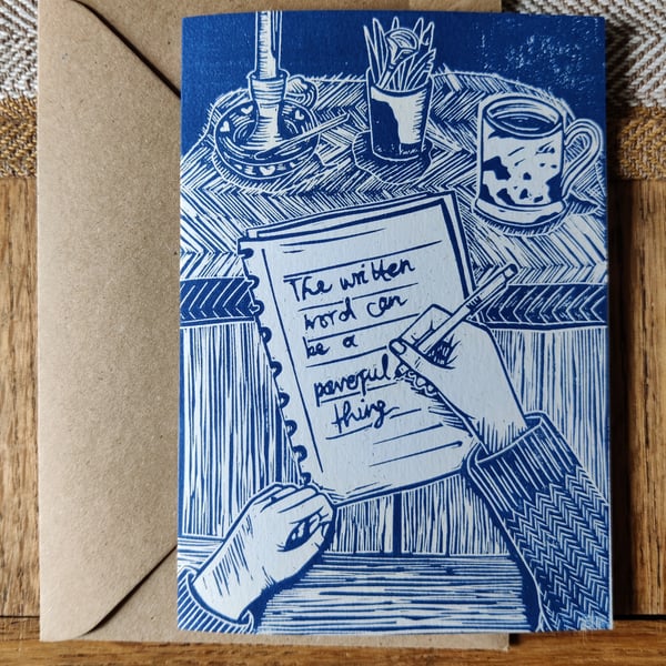 "The written word can be a powerful thing" blank lino print card