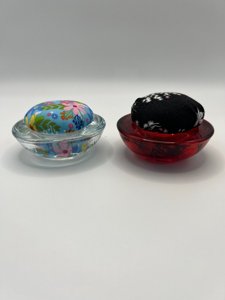 Pair of Vintage Upcycled Glass Pin Cushions - Red & Clear Candle Holders