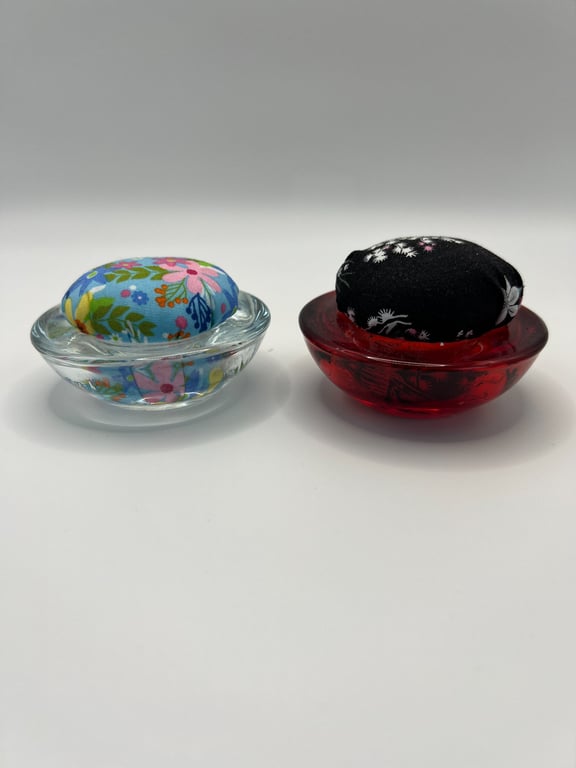 A Pair of Vintage Upcycled Glass Decorative Small Pin Cushions