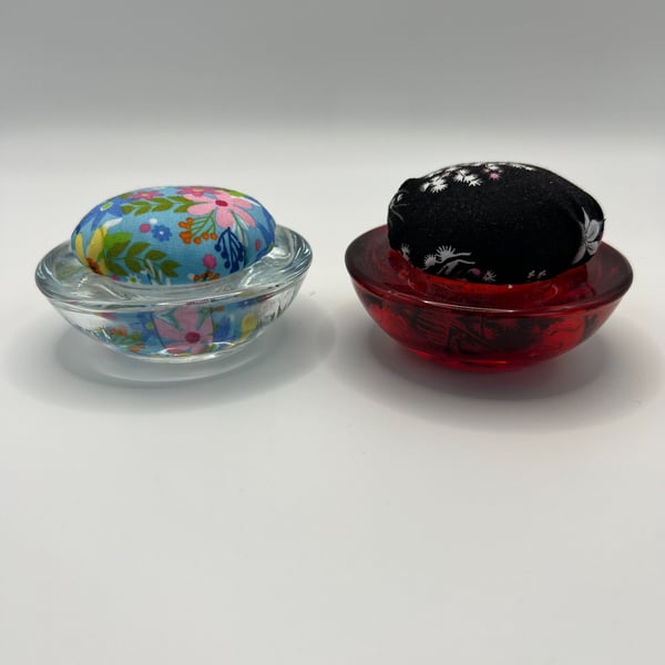 A Pair of Vintage Upcycled Glass Decorative Small Pin Cushions