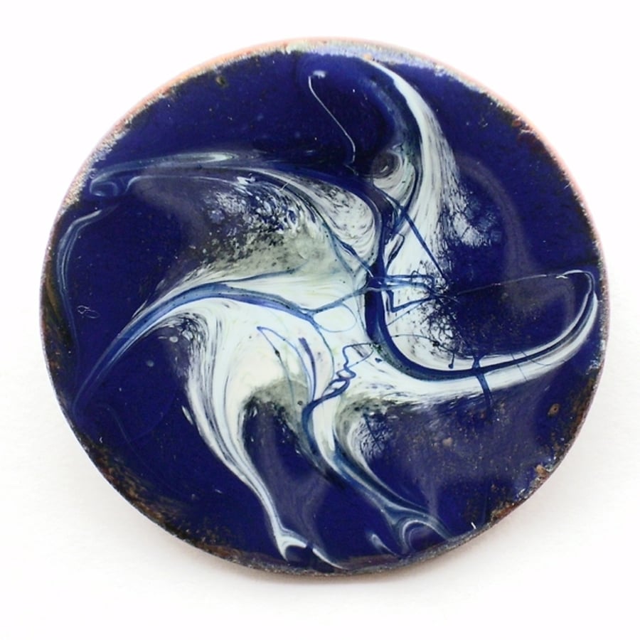 brooch - round: scrolled white and gold on dark blue over clear enamel