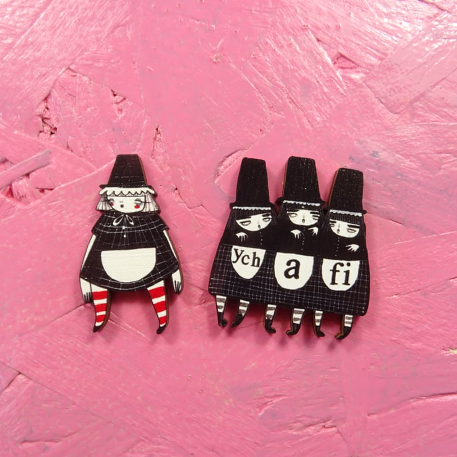 Wood Brooches- Welsh ladies