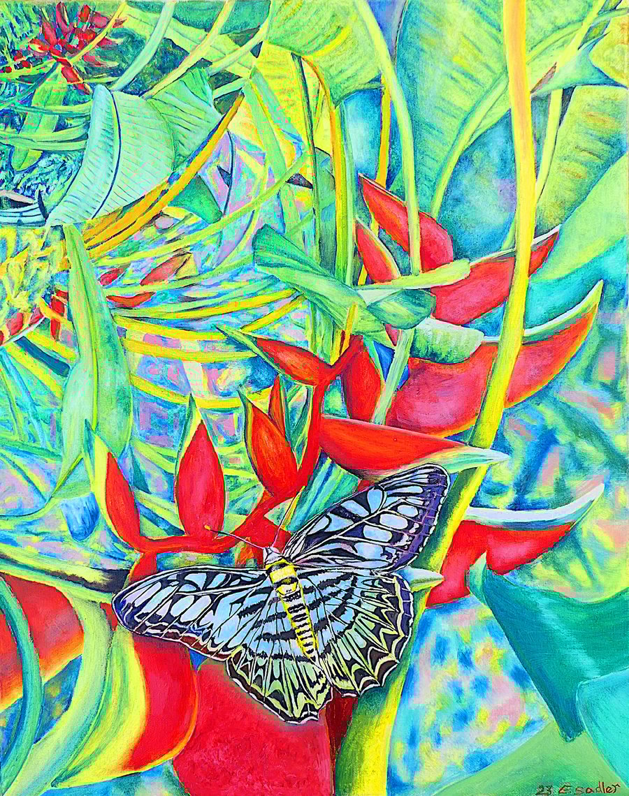 Tropical Scene with Lobster Claw Plant Original Oil Painting 