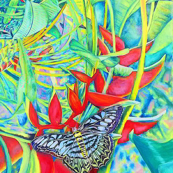 Tropical Scene with Lobster Claw Plant Original Oil Painting 