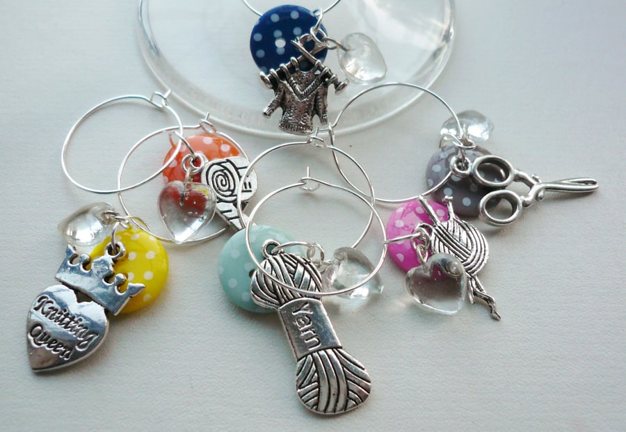 Knitting Themed Spotted Button Silver Wine Glass Charms   KCJWG1200