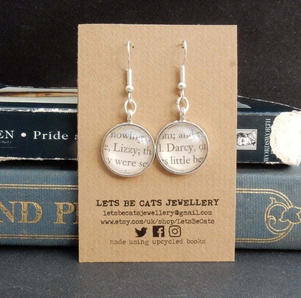 Pride and Prejudice earrings literary gift for Jane Austen book lover