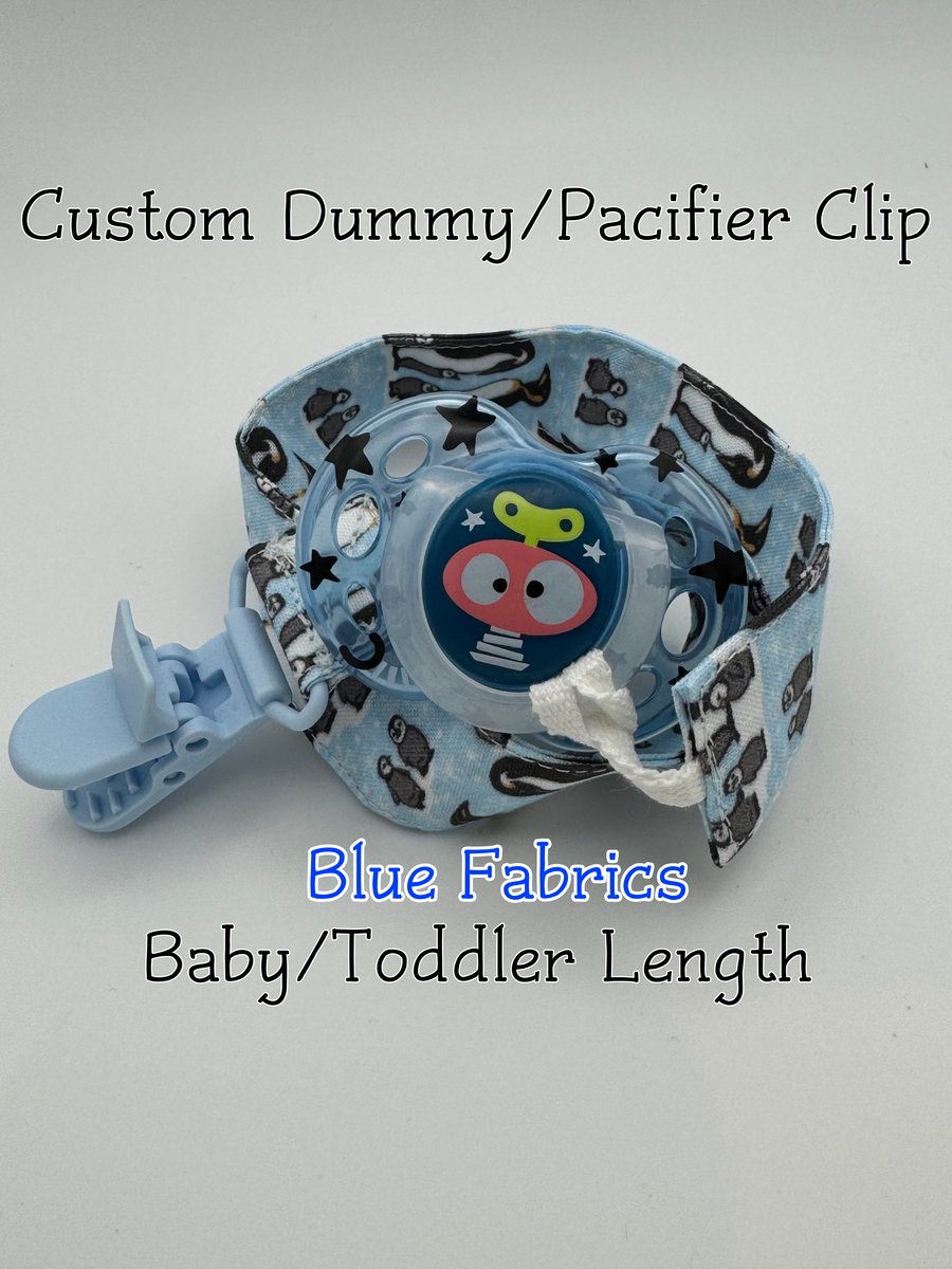 Custom (Blue Colours) SHORT LENGTH - BABY - Toddler 100% cotton pacifier clips