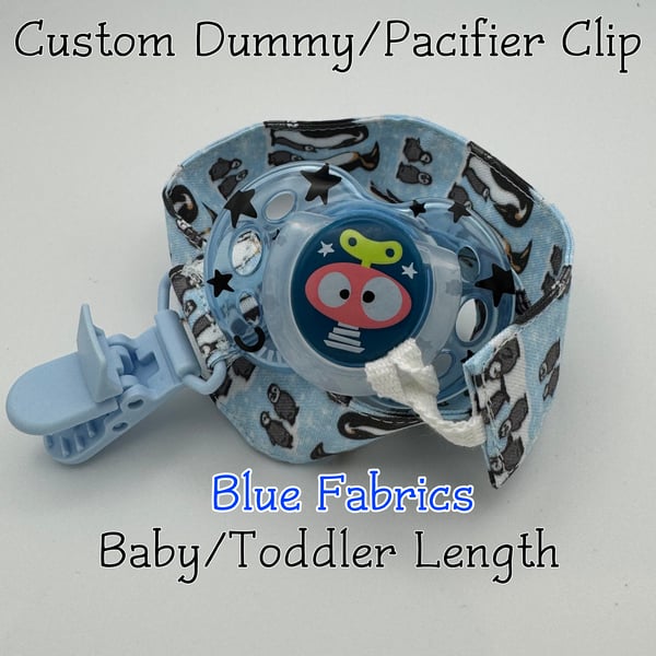 Custom (Blue Colours) SHORT LENGTH - BABY - Toddler 100% cotton pacifier clips