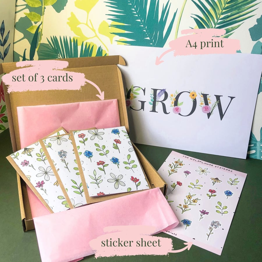 Wildflower Gift Set Eco Friendly Letterbox Gift - Prints, Stickers & Cards