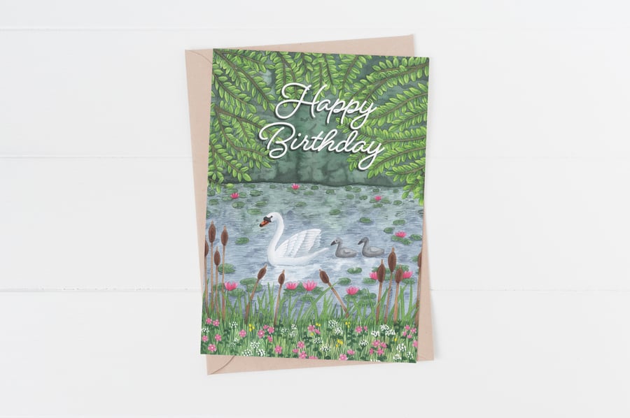 happy birthday swan on lake card